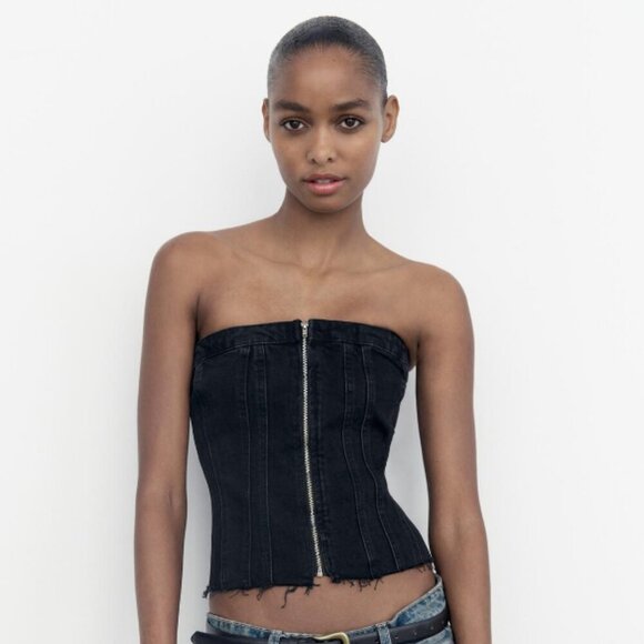 NWOT Zara black denim corset style top, L - Picture 2 of 12